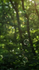 Early morning in the woods, Tyndall light, strong light, transparent bubbles, Hideaki Hamada style, green dream core, dreamy, real, high-definition close-