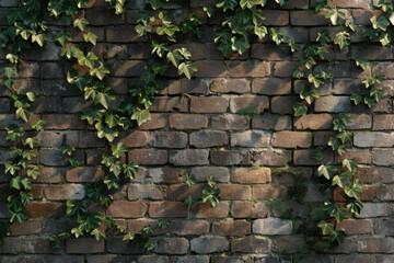 Textured surface of a brick wall with ivy creeping along the edges, featuring rustic charm and natural elements. Brick wall textures with ivy offer a rustic and earthy backdrop
