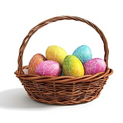 Easter basket filled with colorful eggs isolated on white background, generate ai