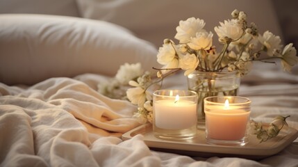 Burning candles and flowers on bed, closeup. Space for text
