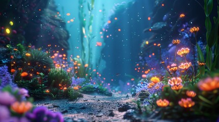 An ethereal glowing underwater garden with schools of fish