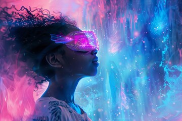young african american girl immersed in magical pink fairy gaming world using vr digital painting - Powered by Adobe