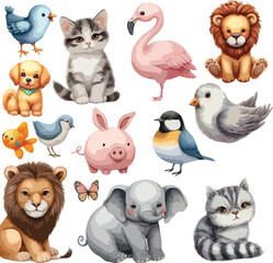 collection of watercolor cute animal  color vector set