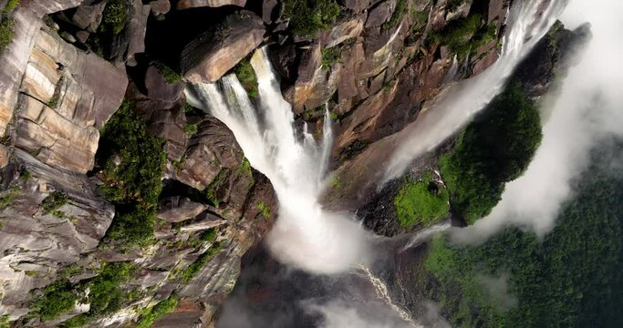 Above View Of The Tallest Waterfall Of Angel Falls In Canaima National Park, Venezuela. Aerial Drone Shot