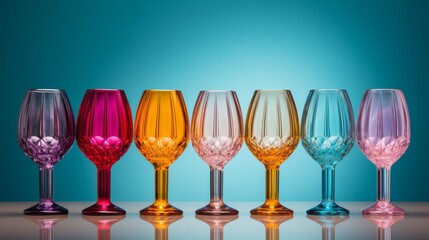 A vibrant row of wine glasses adorns a table, each one gleaming in a spectrum of colors