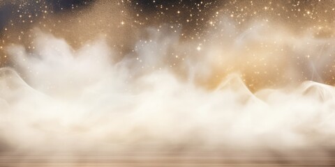 White smoke empty scene background with spotlights mist fog with gold glitter sparkle stage studio interior texture for display products blank 