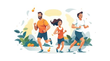 Fototapeta na wymiar Family fitness watercolor illustration - Generative AI. Man, boy, girl, running.
