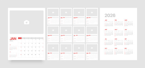 Monthly calendar template for 2025 year. Wall or desk calendar in a minimalist style. With a place for photos. Diary planner for 2025 year. Week Starts on Sunday. 