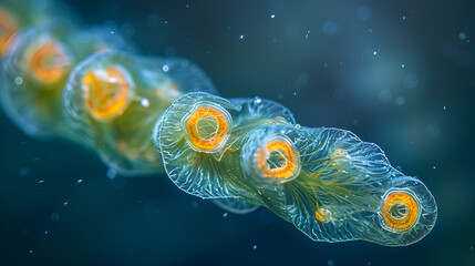 Macro Close-up of Probably Chaetoceros Pseudocurvisetus or C. Curvisetus Diatom Under Microscope, Marine Phytoplankton Organism, Generative Ai

