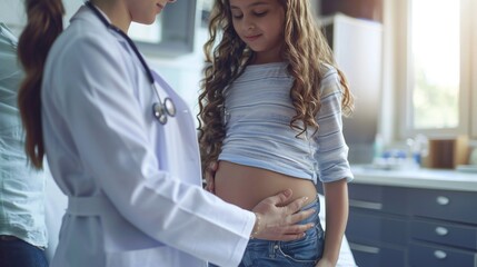 Physician applying gentle pressure on girl's belly to ensure comprehensive preventive health assessment.