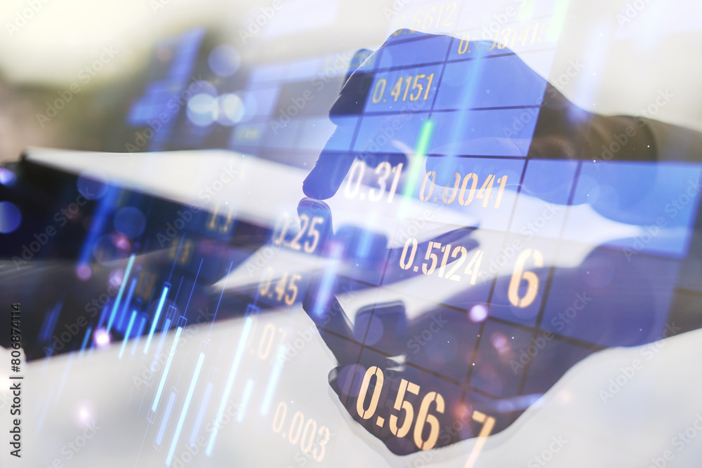 Poster multi exposure of abstract financial diagram and hand working with a digital tablet on background, b