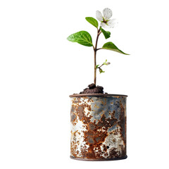 Rejuvenation growth concept with isolated plant and flower emerging from a rusted can against a white background 