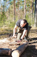 Man chops tree in sunny forest with sharp ax