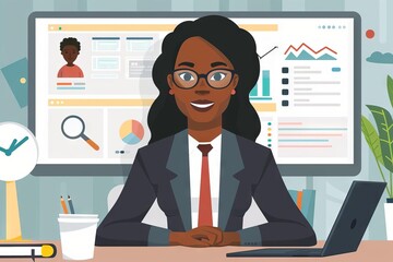 african american businesswoman in virtual video job interview inclusive remote work digital illustration