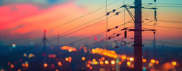 close up view of power lines hanging at pole with blurry abstract defocused city lights in background at sunset, transmission of electricity, electrical network , energy distribution, bokeh - Powered by Adobe