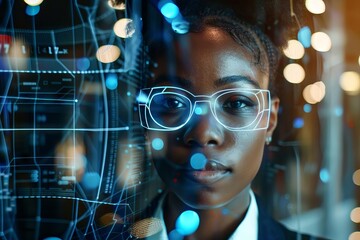 african american female cybersecurity analyst with ai facial mapping smart security concept