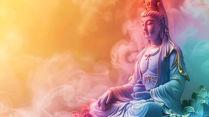 Serene Statue of the Goddess Guanine Bodhisattva in Rainbow Colors, Spiritual Meditation and Enlightenment Concept, Generative Ai

