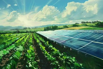 agrivoltaics sustainable farming with solar panels and crops for renewable energy and agriculture digital painting