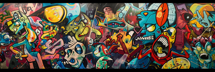 A vibrant graffiti wall filled with colorful characters and intricate patterns, Graffiti art of...