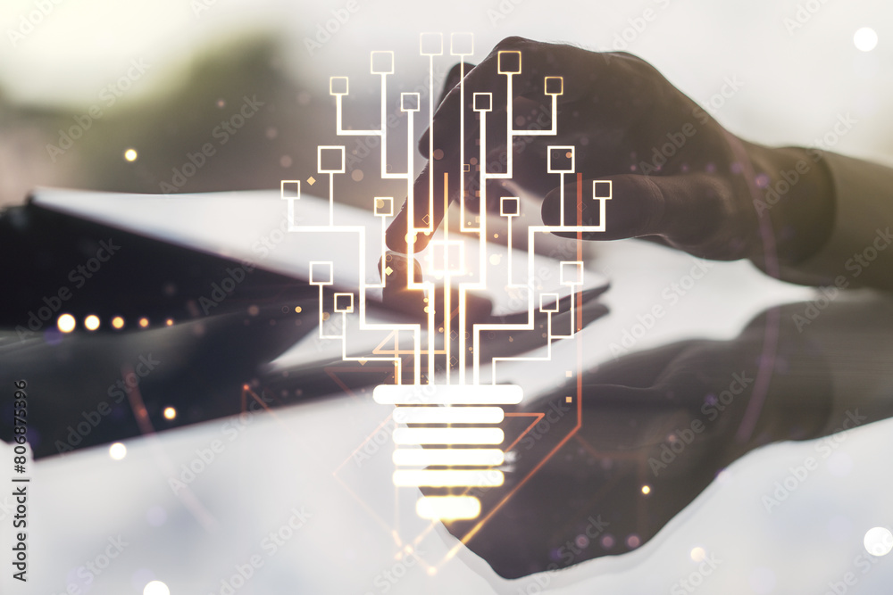 Poster Creative light bulb with chip hologram and hand working with a digital tablet on background, artificial Intelligence and neural networks concept. Multiexposure