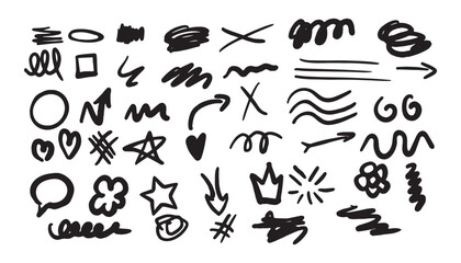 Hand drawn marker pen strokes doodle design elements, black on white isolated background. Black scribble doodle underline line shape set.  Editable stroke
