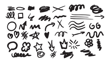 Hand drawn marker pen strokes doodle design elements, black on white isolated background. Black scribble doodle underline line shape set.  Editable stroke © Sss ART