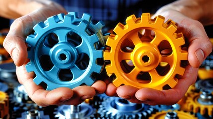 Two hands holding a blue and an orange gear. The background is a pile of gears.