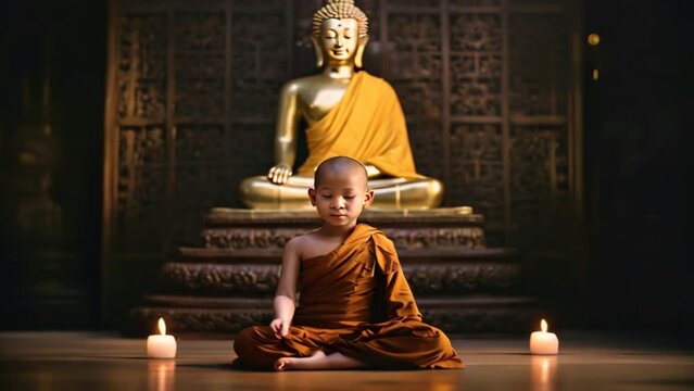 Monks and novices meditate in front of the Buddha statue.