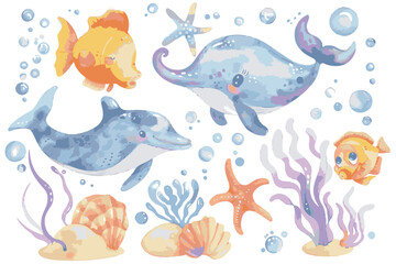 Set of cute sea animals, a simple watercolor clipart, white background