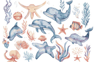 These charming watercolor sea animals, with simple shapes and playful colors