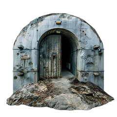 the isolated entrance to a subterranean bunker used by doomsday preppers against a white background 