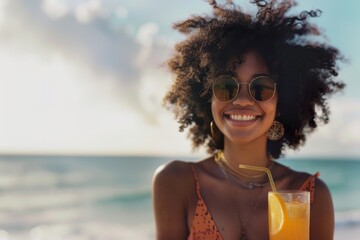 Happy young African American woman resting on a sunny beach with a cocktail