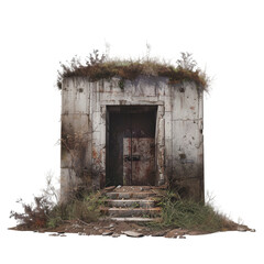 the isolated entrance to a subterranean bunker used by doomsday preppers against a white background 