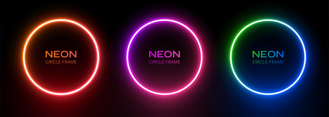 Neon round light. Circle frame with glow on a black background. Led ring gradient orange-red, purple-pink and green-blue colors. 3d laser electric portal. Vector template border for design with text.