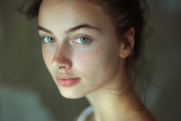 Fototapeta premium Ethereal young woman in a candid moment, her flawless skin and piercing gaze captivating.