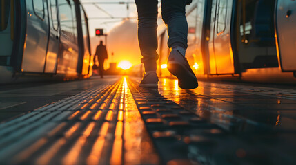 The image captures the hurried steps of commuters on a train platform during a stunning sunset, with the golden light casting long shadows and creating a dramatic and transient everyday scene.