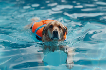 Golden retriever sporting a life vest, gliding through shimmering pool waters.