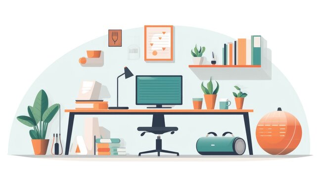 Healthy workplace cartoon illustration - Generative AI. Table, monitor, chair, books, plant. - Powered by Adobe
