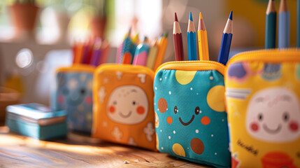 A delightful pencil case with fun designs and cheerful faces, storing your writing instruments with whimsical charm. - Powered by Adobe