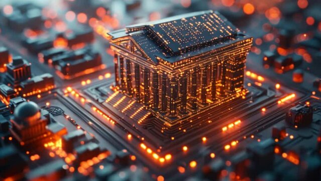 Digital finance concept: Polygonal circuit banking hologram on blue background, representing online banking and financial technology.