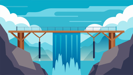A modern steel bridge rising high above a churning waterfall symbolizing the stoics ability to withstand the forces of nature.. Vector illustration