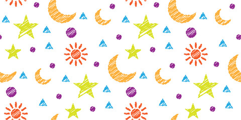 hand drawn colorful pattern. sketch of sky with stars moon and sun. repeating pattern for kids on white background. printable wallpaper vector illustration.