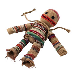 Traditional voodoo doll made of fabric stuff isolated against a white background 