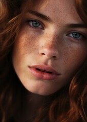 Fototapeta premium Portrait Of A Beautiful Young Woman With Vibrant Green Eyes And Freckles. Her Gaze Is Thoughtful And Expressive, Capturing Moment Of Quiet Contemplation In Natural Light. Female Face Character Avatar