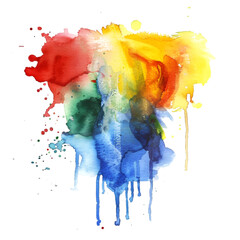 Watercolour splashes in an abstract, colourful rainbow colour painting illustration, isolated on a white background 