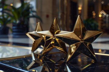 Golden stars gleam on a reflective surface, symbolizing excellence and achievement.