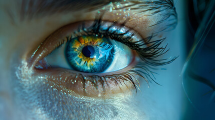 Close-up of Beautiful Blue Eye with Natural Eyelashes, Eye Makeup and Iris Details, Macro Photography, Generative Ai


