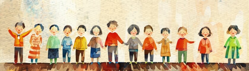 A group of children are holding hands in a row, Children’s Concept.