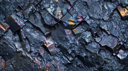 Black rocky surface with iridescent reflections. Black titanium, tourmaline, hematite sample. Bright, full-screen rocky background. - obrazy, fototapety, plakaty