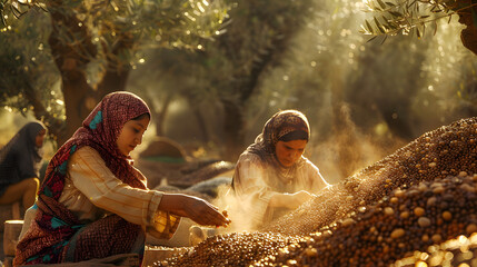 warm glow of the Moroccan sun women in traditional attire are engaged in process of harvesting argan nuts essential activity in production of argan oil, renowned for its culinary and cosmetic value